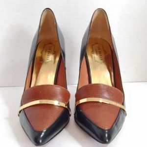 Ted Baker Two-Tone Black and Brown Pointed Toe Heels with Gold Bar